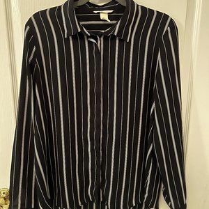 Women’s Chiffon Work Blouse Navy Blue Striped and Buttons
